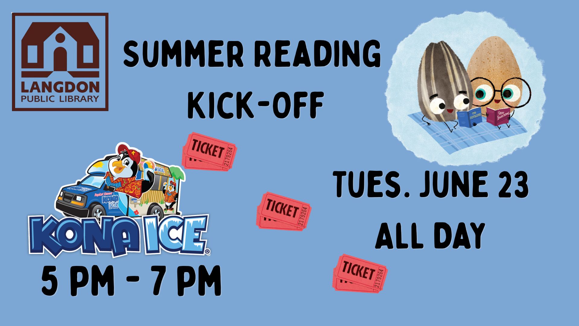 infographic about Summer Reading Kick-off Tuesday June 23 and Kona Ice June 23 5-7pm