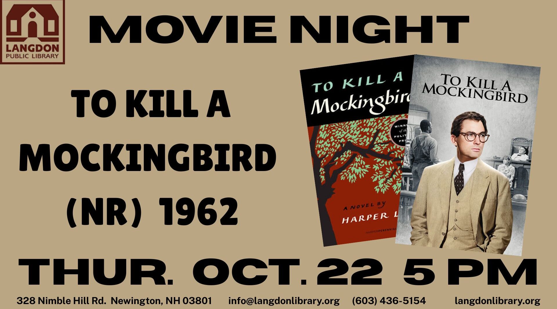 movie night- to kill a mocking bird thursday october 22 at 5 pm. light refreshements